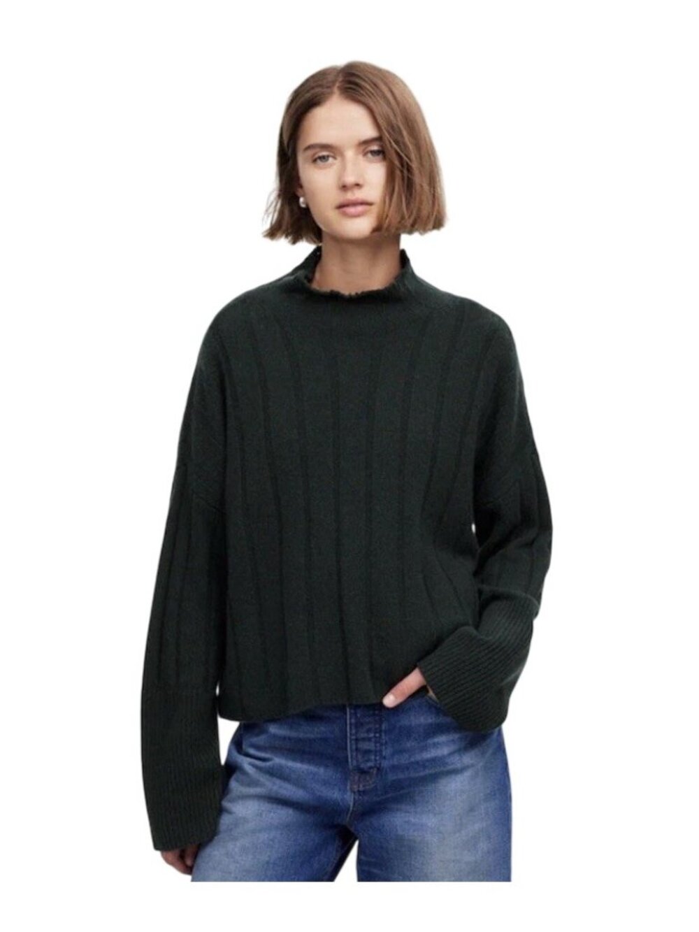 Madewell Ribbed Cashmere Wool Blend Pullover Mockneck Sweater Sz M Luxury Forest